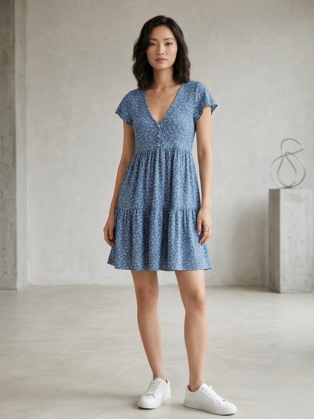 Blue Floral V-Neck Tiered Mini Dress